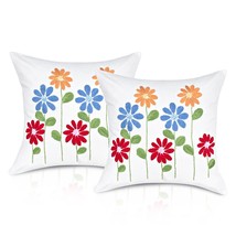 Floral Boho Embroidered Daisy Flower White Throw Pillow Decorative Case Set of 2 - £30.65 GBP