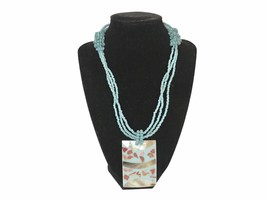 Turquoise Seed Bead Necklace with Hand-Painted Glass Pendant Boho Mid-Century - £19.00 GBP