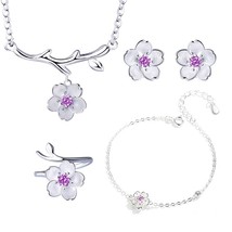 ANENJERY Romantic Silver Color Cherry Blossoms Flower Jewelry Sets Pendant Cute  - £25.22 GBP