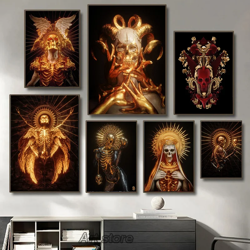 Golden Skull Statue Canvas Painting Nordic Sculpture Modern Poster Print... - $11.29+