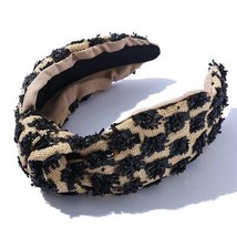 Knotted Raffia Headband Flower rattan Straw Beige Black Pom Pom Hairband Summer - $21.76