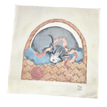 Needlepoint Canvas Handpainted Gray Cat Sleeping Basket Of Yarn May June - £47.45 GBP