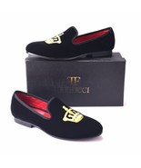 Handmade FERUCCI Men Black Velvet Slippers Flats loafers with Gold Crown - £102.38 GBP