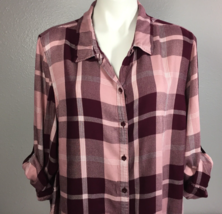 Catherines 1X Flannel Plaid Shirt Roll Tab Sleeves Soft Rayon Top - $19.99