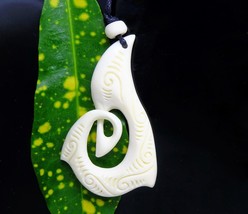 Maori Koru Scrimshaw Pendant Hand Carved Bone Surfer Necklace Good Luck - £15.69 GBP