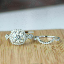 Halo Bridal Ring Set 2.75Ct White Round Cut Moissanite 14K White Gold in Size 9 - £240.67 GBP