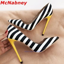 Yellow Heels Zebra Stripe Pumps Pattern Wedding Shoes Pointy Toe Women Mixed Col - £77.17 GBP