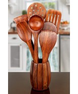 Wooden Spoon Set with Barrel Shaped Spoon Holder/Stand Set of 8(7spoons+... - £29.11 GBP