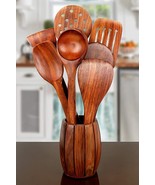 Wooden Spoon Set with Barrel Shaped Spoon Holder/Stand Set of 8(7spoons+... - £29.97 GBP