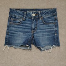 American Eagle Super Stretch Shortie Denim Shorts Womens Size 00 Blue Raw Hem - £18.99 GBP