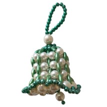 Green White Beaded Bell Ornament Vintage Handmade Christmas Holiday St Pattys - £8.94 GBP