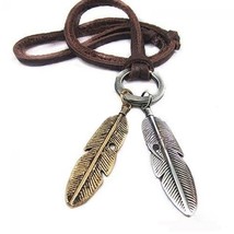 Women Men Charm Jewelry 2Wings Necklace Leather Chain Choker Feather Pendant - £7.68 GBP