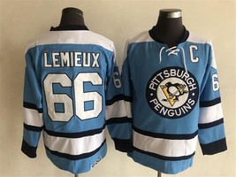 Penguins #66 Mario Lemieux Jersey Old Style Uniform Blue - £39.17 GBP