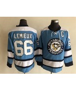 Penguins #66 Mario Lemieux Jersey Old Style Uniform Blue - £38.83 GBP