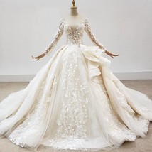 Beautiful  Champagne Wedding Dress Appliques Crystal Sequined Lace Long Sleeve D - £847.27 GBP