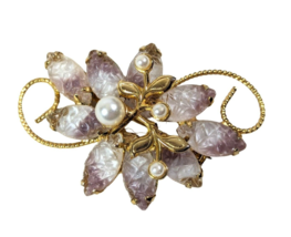 Lavender White Frosted Carved Brooch Pin Faux Pearls Carved Glass Vintage c1960 - £15.80 GBP
