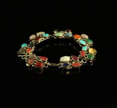 Vintage Sterling Silver Navajo Multi Gemstone Cluster Panel Link Bracelet - £223.08 GBP