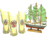 3 Becks Bremen German Beer Glasses &amp; Beck´s Model Sail Boat Clipper - $29.50