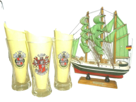 3 Becks Bremen German Beer Glasses &amp; Beck´s Model Sail Boat Clipper - £23.52 GBP