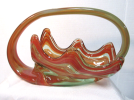 Vtg Handblown Slag Stretch Art Glass Orange &amp; White Basket Bowl Handle - $34.99