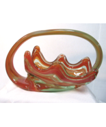 Vtg Handblown Slag Stretch Art Glass Orange &amp; White Basket Bowl Handle - £27.52 GBP