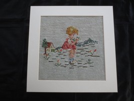 Mounted &amp; Matted LITTLE GIRL WITH FLOWERS IN FIELD NEEDLEPOINT  - 14-1/2... - $14.85