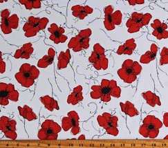 Cotton Poppies on White Red Poppy Flowers Floral Fabric Print BTY D413.30 - £13.51 GBP
