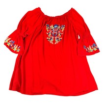 Southern Stitch Shirt Womens XL Red Embroidered Boho Tunic Top Floral Rayon - $18.99