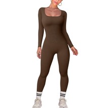 Women&#39;S Yoga Ribbed Jumpsuit Sexy Square Neck Long Sleeve Leggings Jumps... - £44.04 GBP