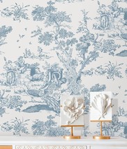 Peel And Stick Wallpaper Blue And White Wallpaper Toile Removable Self-Adhesive - £22.53 GBP