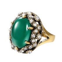 Hot Oval Green Stone Rings For Women Antique Gold Austrian Crystal CZ Finger Par - £6.31 GBP