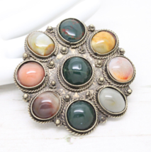 Large Antique Vintage Agate Cabochon White Metal BROOCH Pin Jewellery - £61.22 GBP