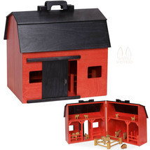 Large Toy Wood Red Barn Complete With Farm Animals &amp; Fence - Amish Handmade Usa - £289.79 GBP
