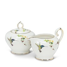 Hummingbird Cream and Sugar with Lid Bone China 10K Gold Accents White Beauty image 1