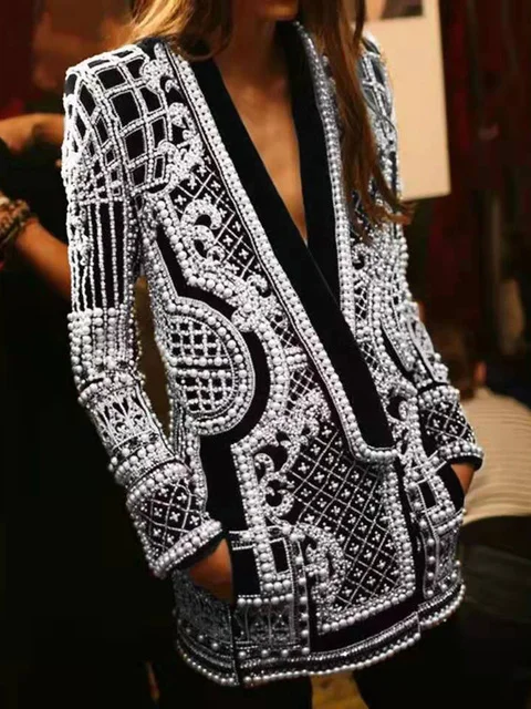 Embroidered Flares Pearls Blazer For Women V Neck Long Sleeve Coats Fema... - $229.45