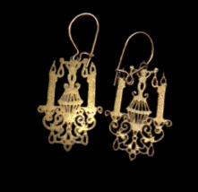 Vintage Chandelier Earrings Mini Gold Metal Folk Art Dainty Delicate Bir... - $25.96