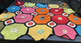 Vtg Afghan Crochet Blanket Granny Large Hexagon Squares 60-70s CUTTER or REPAIR - $19.79