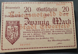  20 Mark 1919 Kriegsnotgeld Der Stadt Elberfeld Uncirculated  Banknote - £4.00 GBP