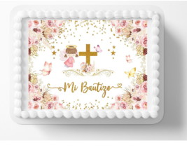 Baby  Bautizo Christening Party Catholic Pink Flowers Edible Image Cake Topper 1 - £12.11 GBP+