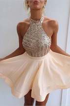 Elegant Open Back Halter Short Homecoming Dresses with Beading,Semi Formal Dress - £108.50 GBP