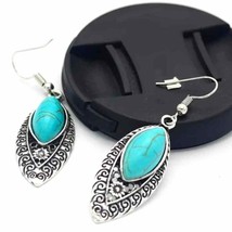 Vintage Style Engraved Teardrop Turquoise Earrings Silver Plated - £10.78 GBP