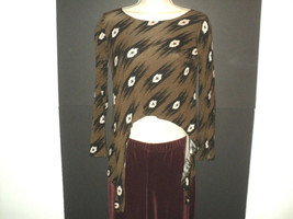 Mamie Ruth Top USA Bohemian Size Small Asymmetrical Hem Long Sleeves Brown Multi - £15.89 GBP