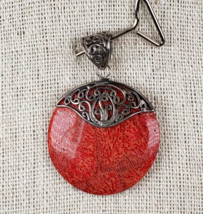 Vintage Bali Red Coral Handmade 925 Sterling Silver Pendant - $890.44 MXN