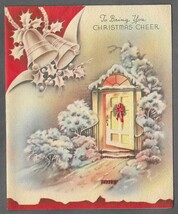 Vintage 1940s Wwii Era Christmas Greeting Holiday Card Silver Bells Wreath Door - £11.85 GBP