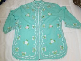 Vintage CARO of Honolulu Sz 14/L Embroidered Hawaiian Tunic Top Mandarin Collar - £31.65 GBP