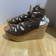 MUSSE &amp; CLOUD Brown Nubuck Leather Lace Up Wooden Platform Wedge Sandals... - $31.62