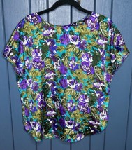 Vintage Notations Shiny Floral Blouse Large XL Vibrant Mermaidcore - $17.82