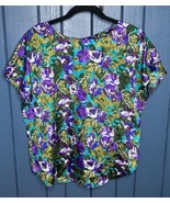 Vintage Notations Shiny Floral Blouse Large XL Vibrant Mermaidcore - £14.15 GBP