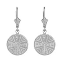 .925 Sterling Silver Maze Chartres Labyrinth Dainty Disc Leverback Earrings - £32.92 GBP