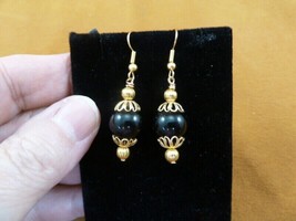 (EE471-h) 12mm round Black onyx Brazil gemstone bead dangle gold wire earrings - £9.10 GBP